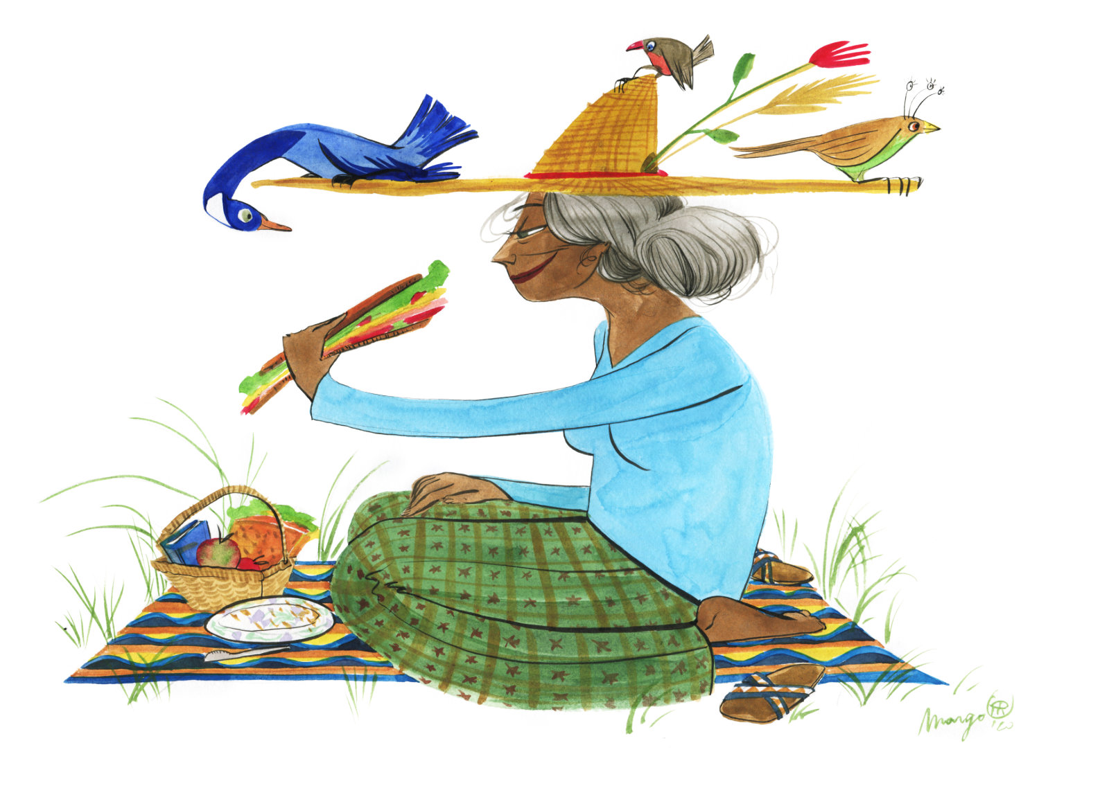 An Illustration from the 2021 calendar, the month of June, by Margo De Weerdt. It shows a woman sitting on a pick nick blanket. She is eating a sandwich, her basket of food stands next to her. She is wearing a very big hat, on which are two birds.