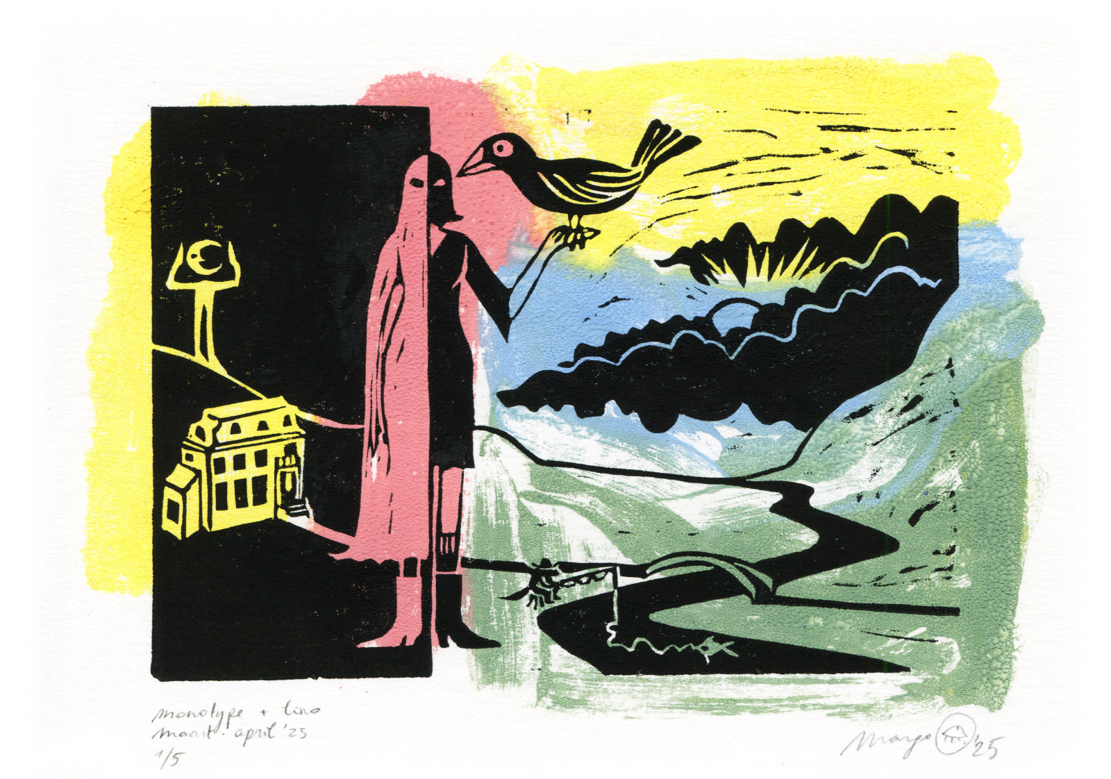For this engraving by Margo De Weerdt, the monotype is first printed on the page. Its colours are pink, bright lemon yellow, light green and a light blue. They form the basis underneath the lino cut print in black ink. The lino cut is divided in two, one half is on one third of the image and the other part takes two thirds of the space. The one third has a black background. On it are a moon figurine, a house, a road, and one half of the main character, a woman with a sheet over her head that stops just above her ankles. It looks like a funny, a bit creepy, ghost costume. The two third part, has a white background, meaning you see the colours of the monotype, and there you see the other half of the woman. She is wearing a dress and holds a bird in her hand. The sheet covers only her head this time. Next to her is a landscape with a road and river, with mountains in the background. The sky has clouds with the sun peaking through. Made in 2025. 