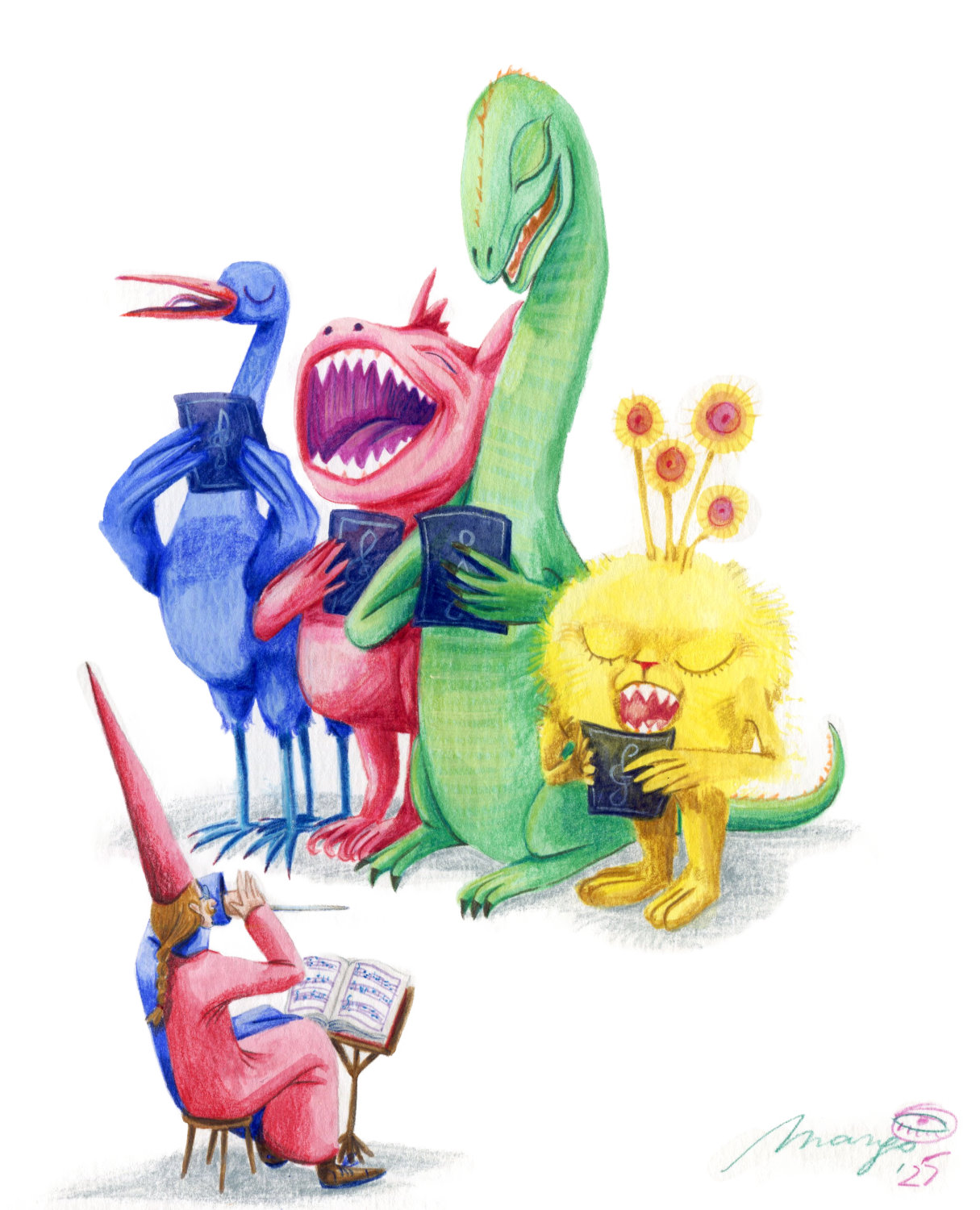 Monster illustration, Choir, for Monster and the calendar 2026, made by Margo De Weerdt, artist and illustrator living in Strasbourg, France