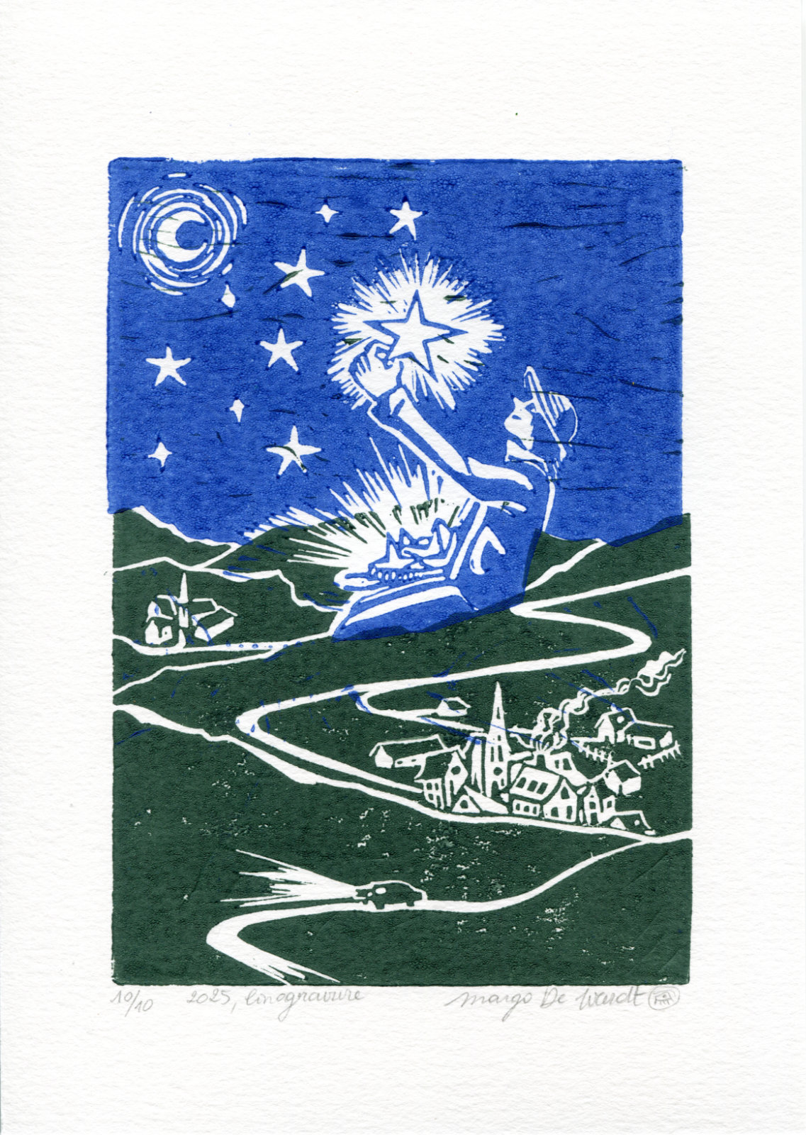 Sterrendrager linogravure 2025, printed in two colours, made by Margo De Weerdt, artist and illustrator in Strasbourg, France