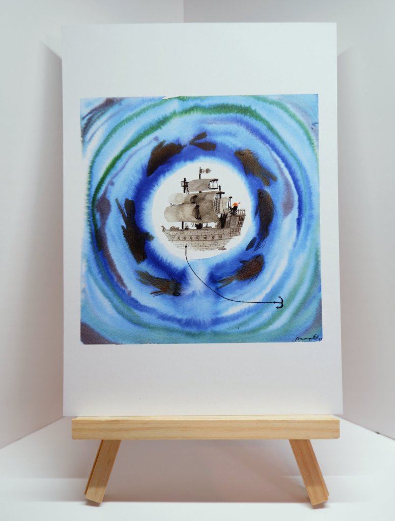 Anchor, ancre, print format A4, made in 2021 by Margo De Weerdt, illustrator and artist, based in Strasbourg, France, shown on an little easel