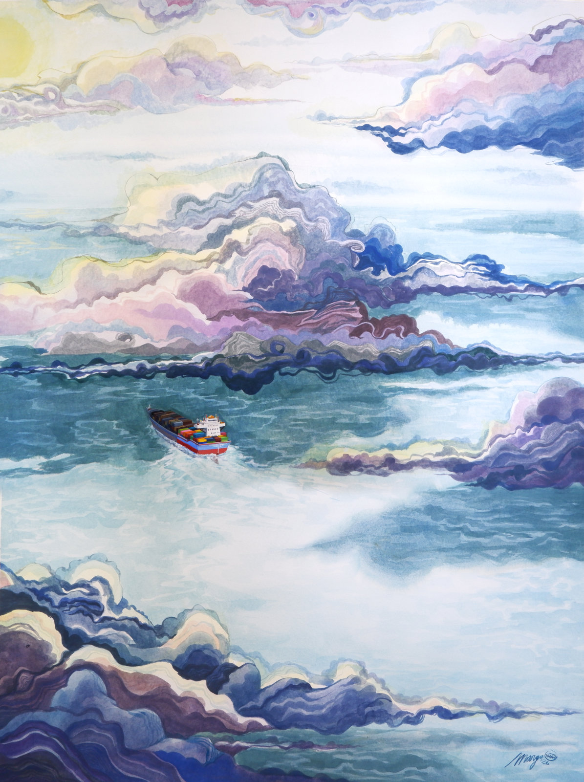 painting by Margo De Weerdt Flight from Bazel to Dublin III, artist and illustrator, it is made in gouache, we see the sea from above through the clouds, there is a container ship gliding through the water in between light and shade